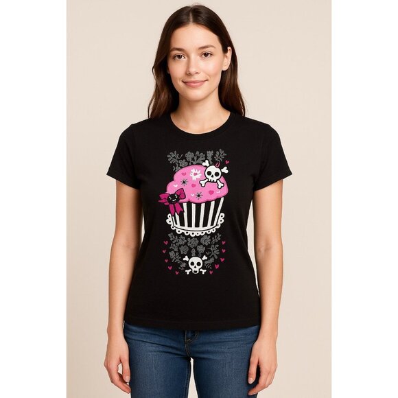 Cute Gothic Cupcake Skull Graphic Tee – Next Level Black Cotton T-Shirt Size L - Picture 1 of 5
